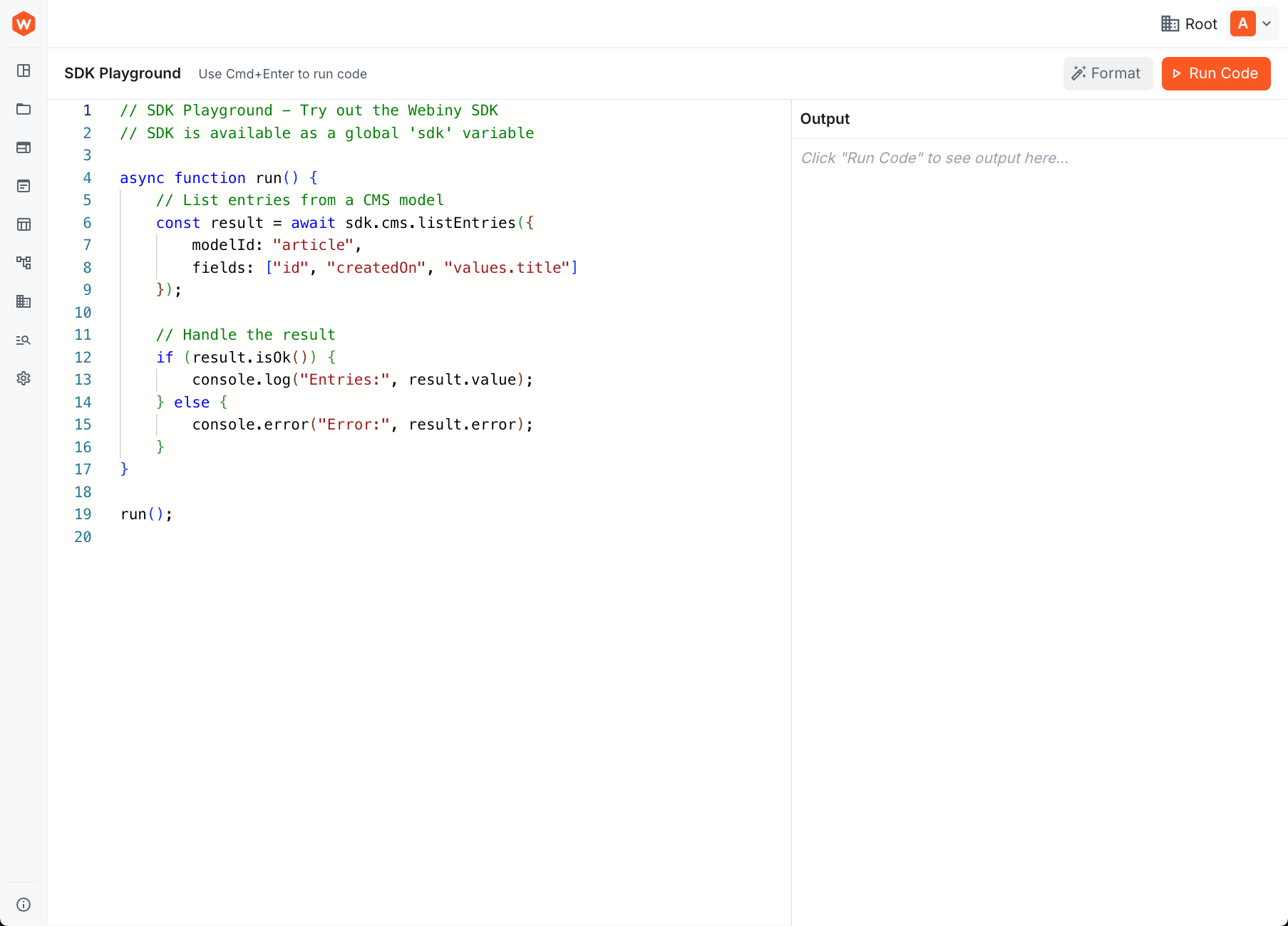 SDK Playground interface showing method selection, parameters configuration, and response display